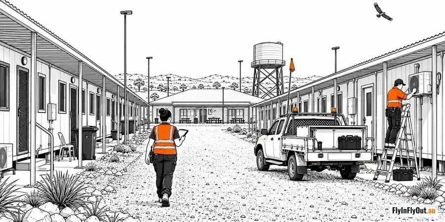 A site administrator walks the gravel road between two rows of dongas with a tablet, a tradesman on a ladder fixing an air-conditioner and a ute parked outside