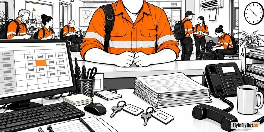 The view from behind the site office desk: a worker in orange leaning on the counter with his fists clenched, a room-booking screen with one bed highlighted, keys, a phone off the hook and a queue of workers with bags behind him