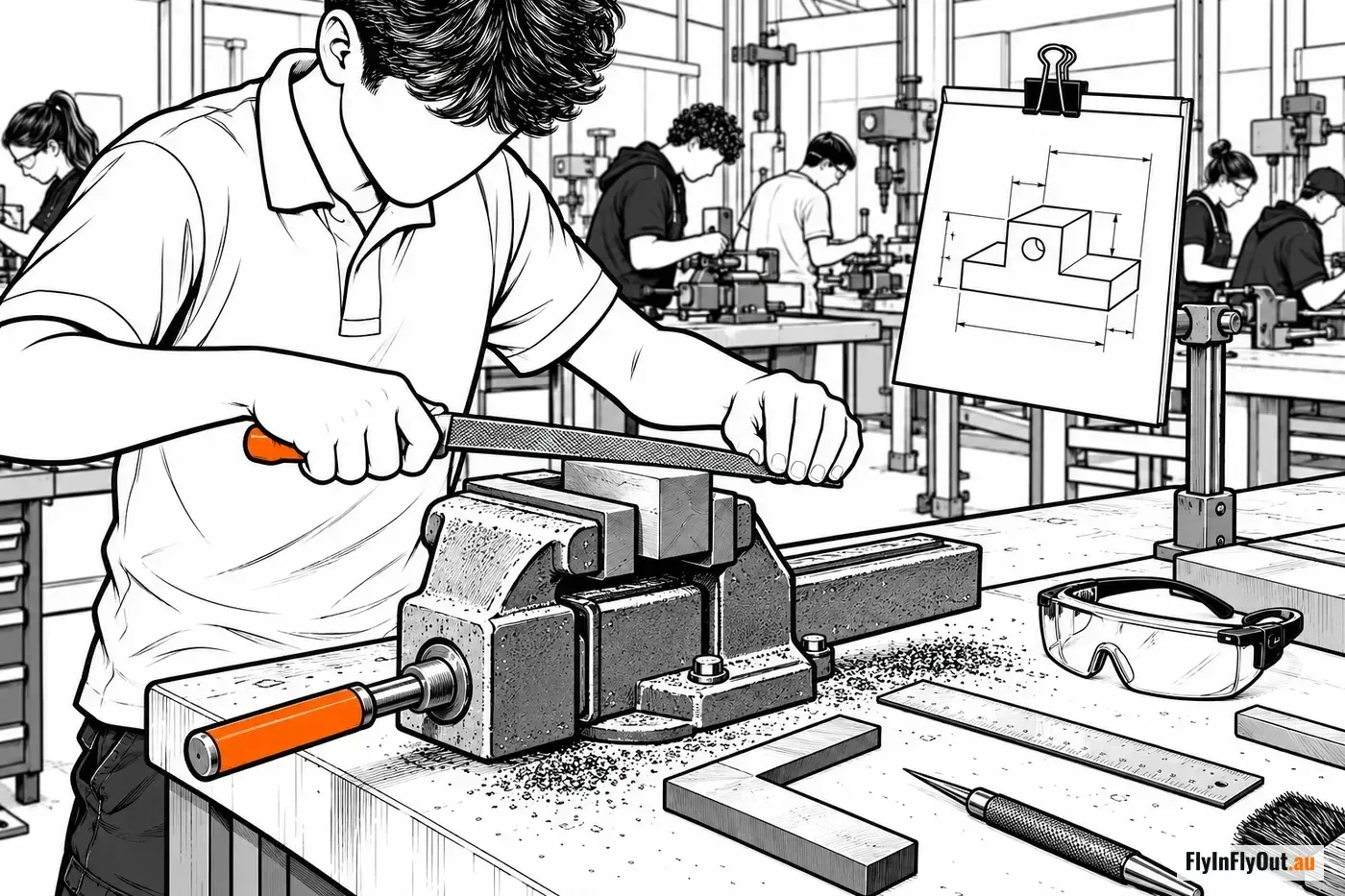 A young man files a steel block held in a bench vice, a technical drawing clipped up beside him, safety glasses, a square, a rule and a scriber on the bench, other students at their vices behind