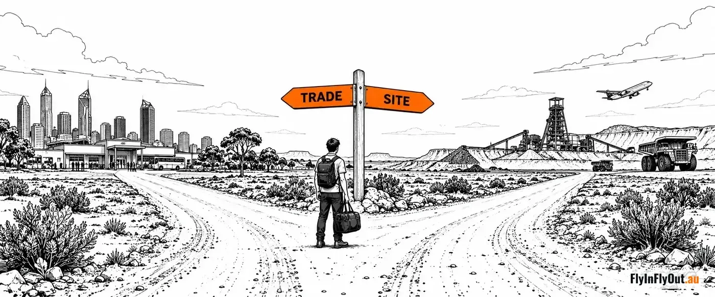A young man with a backpack and a bag stands where a dirt road forks at a signpost, TRADE pointing to a city, SITE pointing to a mine with haul trucks and a plane taking off