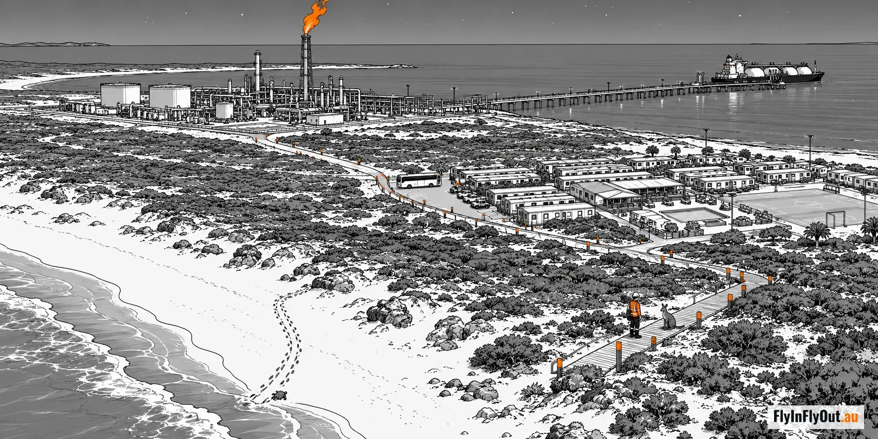 A worker in hi-vis stands on a marked boardwalk through low scrub beside a beach with turtle tracks, a small wallaby next to him, with a gas plant, a jetty and a gas carrier ship in the distance and a camp of dongas and a sports court beyond