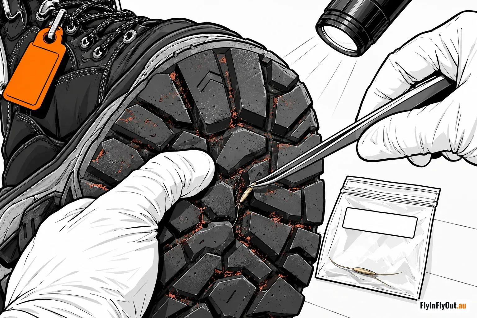A gloved hand holds a boot sole under a torch while tweezers lift a seed from the tread, with a sealed sample bag holding the seed beside it and an orange tag on the boot
