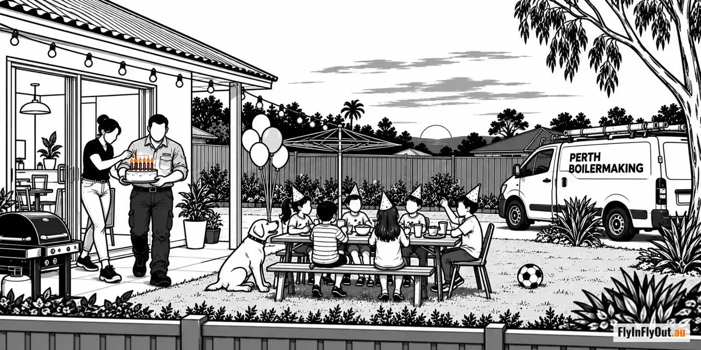 A backyard birthday at dusk: a man in a work shirt carries a cake with lit candles to a table of kids in party hats, a dog waiting, and a Perth Boilermaking van parked beside the fence