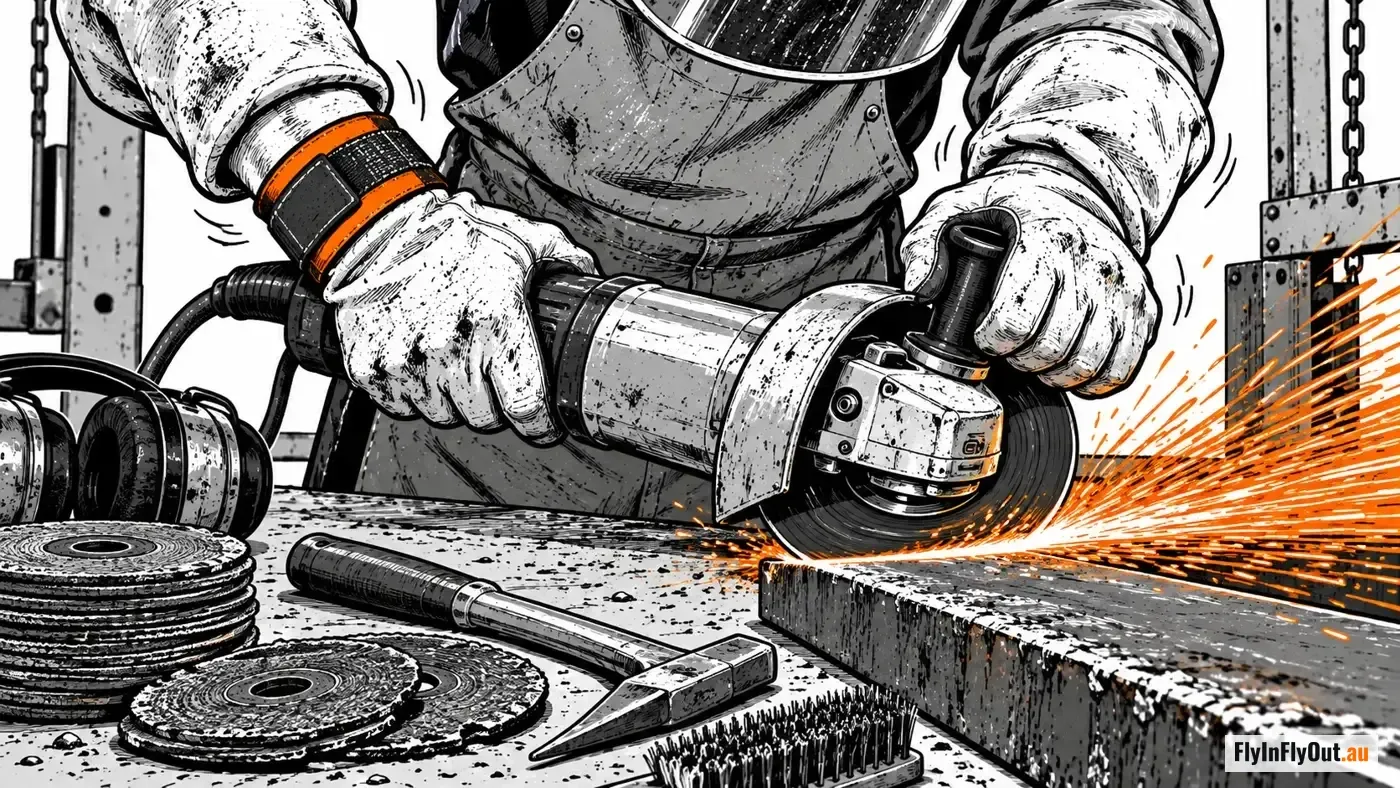 Close-up of a boilermaker's gloved hands running an angle grinder along a steel plate on a bench, sparks streaming, with spare grinding discs, a chipping hammer and ear muffs beside it