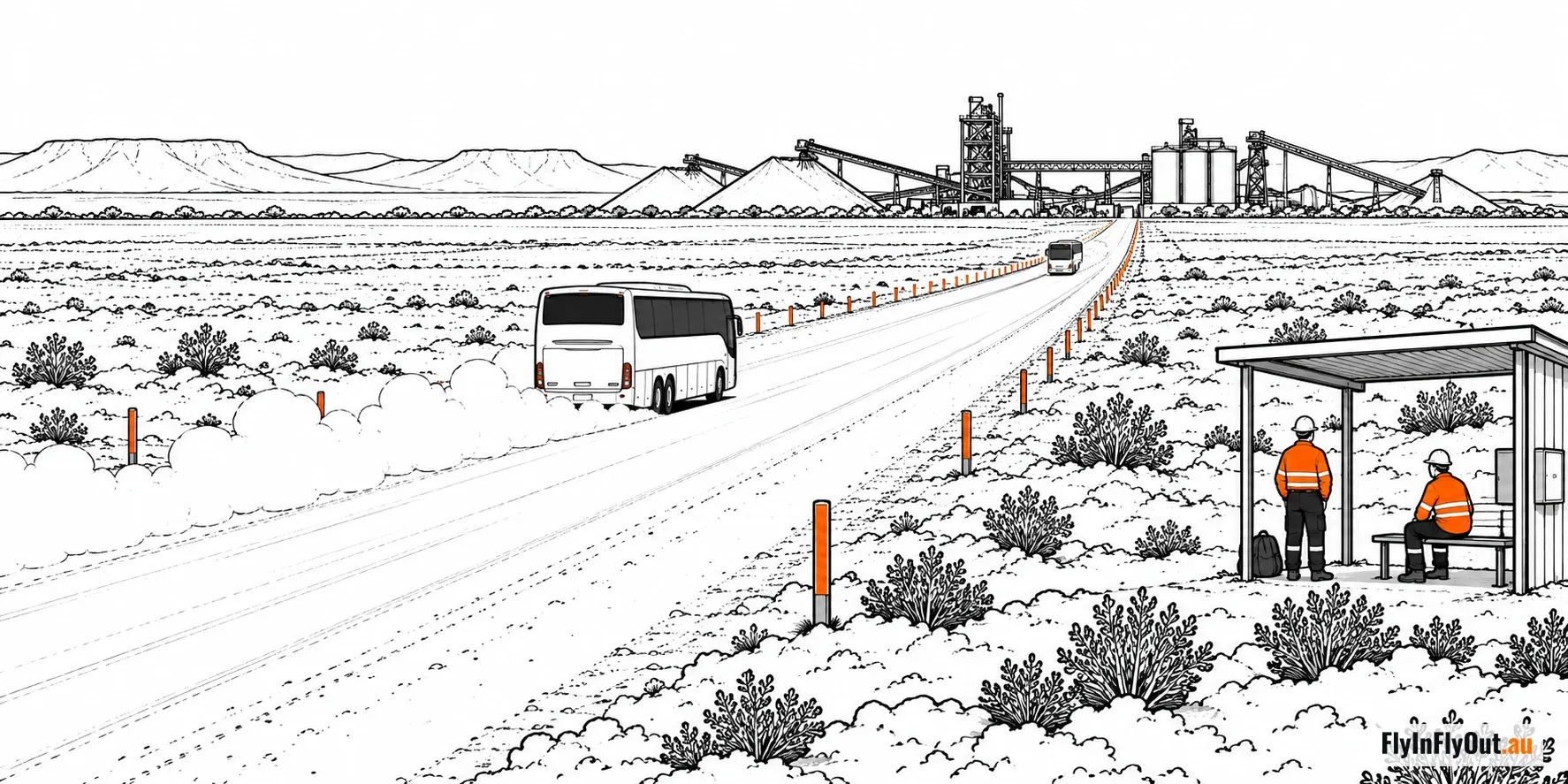 Two coaches on a dusty site road toward a processing plant, with two workers in hi-vis waiting at a bus shelter