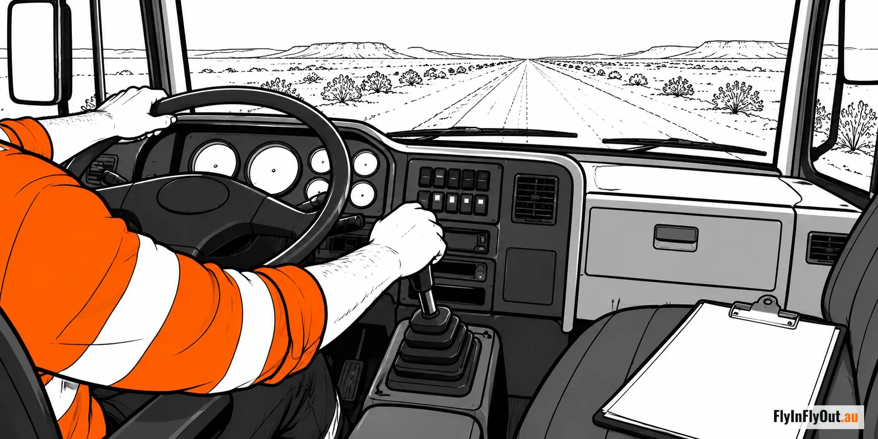 A driver in hi-vis at the wheel of a heavy vehicle with a manual gear stick, looking down a long straight outback road, with a clipboard on the passenger seat