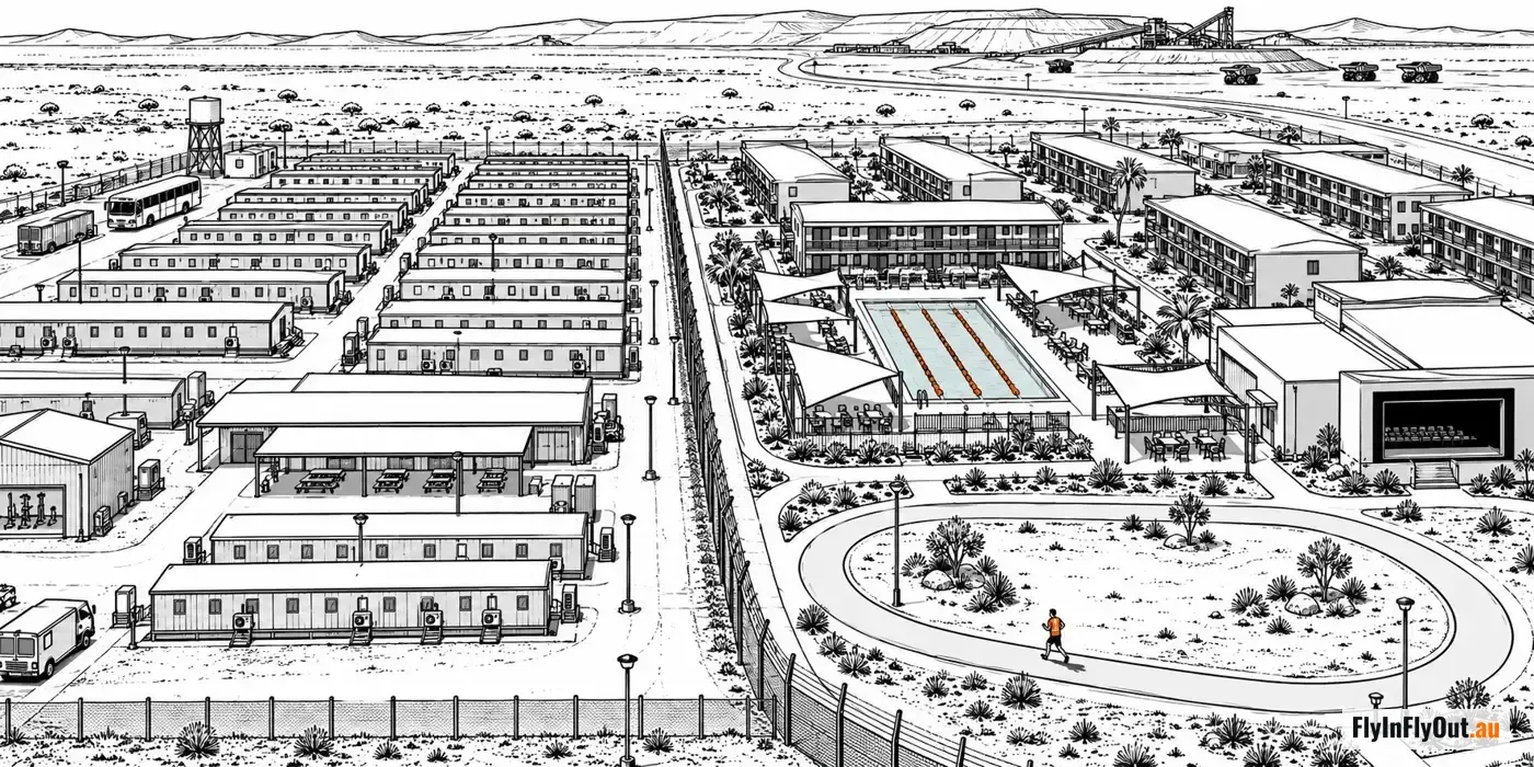 An aerial view of a mine camp: rows of donga blocks, a bus and a covered barbecue area on one side of a fence, two-storey resort blocks, a lap pool, a cinema and a running loop on the other, with the mine and its haul trucks on the horizon