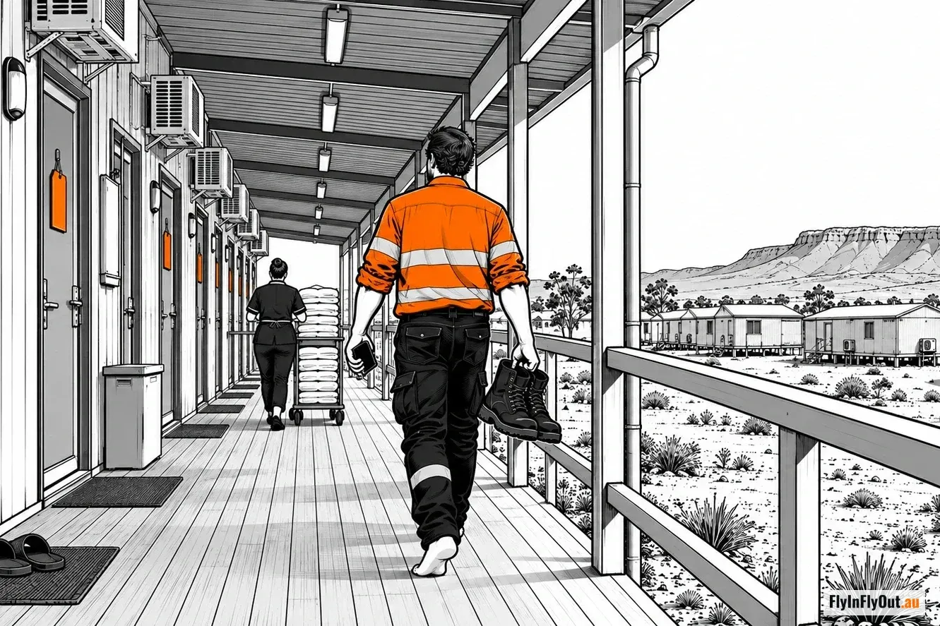 A worker in hi-vis and socks carrying his boots along a covered donga walkway, a sign hanging on every door, a housekeeper with a trolley at the far end