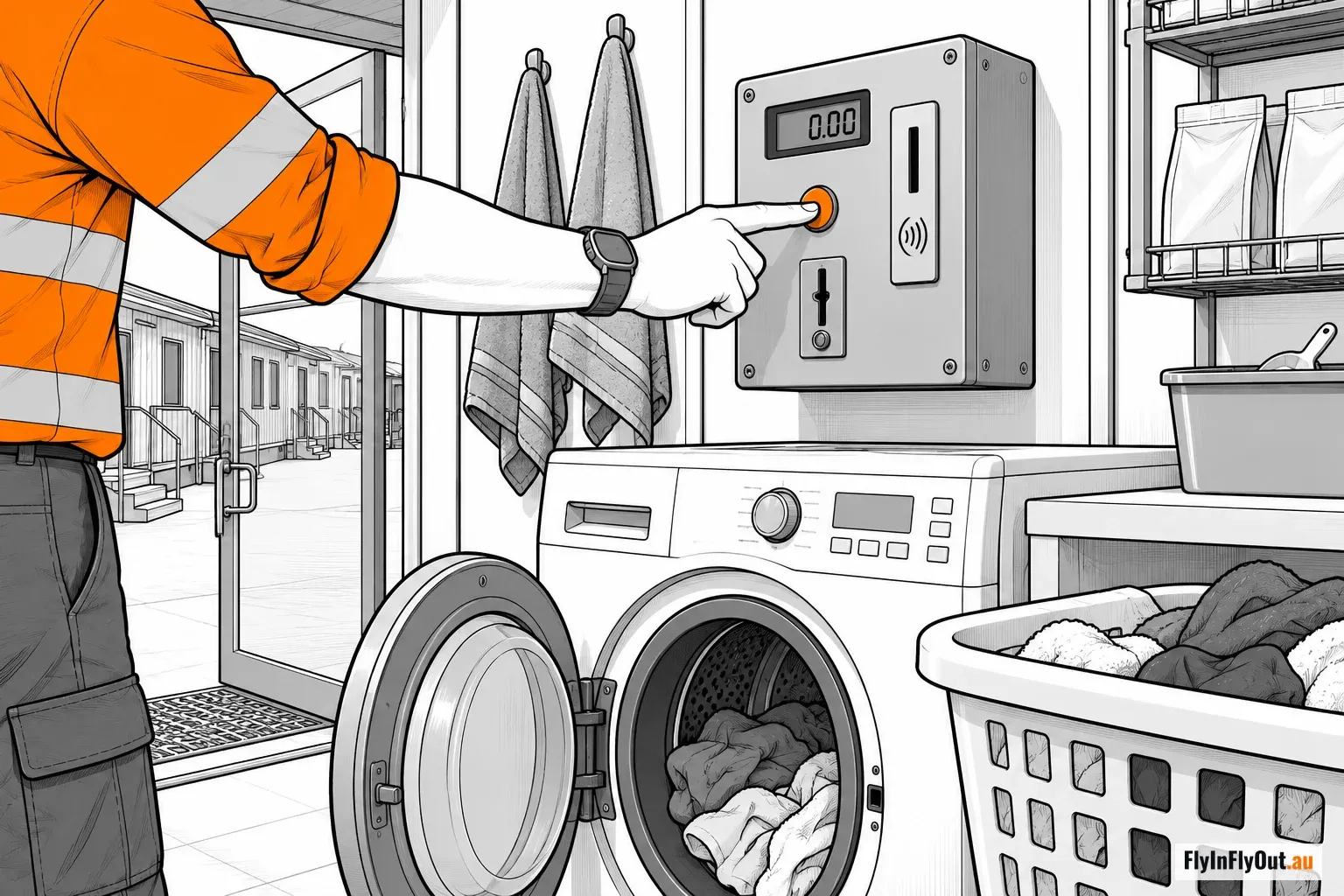 A worker in hi-vis using a wall-mounted breathalyser in the camp laundry, the display reading 0.00, a rack of mouthpieces beside it and a washing machine behind