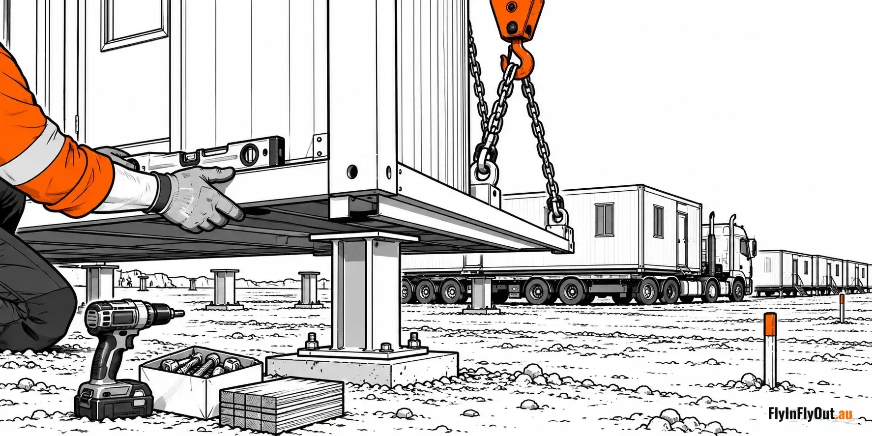 A carpenter in orange hi-vis holds a spirit level under a camp module being lowered by crane chains onto steel stumps, a road train with more modules and a row of finished rooms behind
