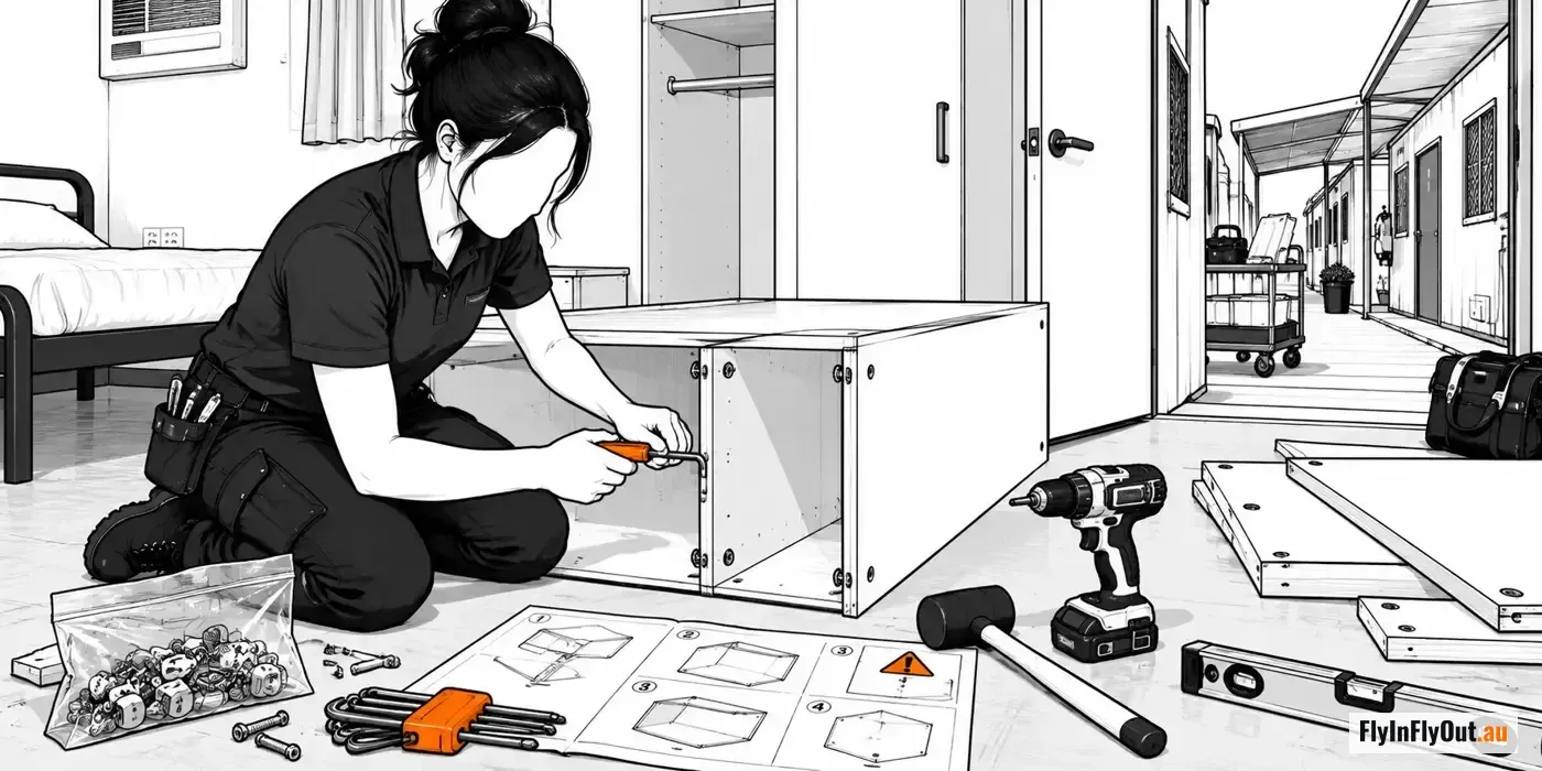 A maintenance worker in a black polo kneels in a donga room assembling a flat-pack wardrobe, an allen key in hand, a drill and a level on the floor, the camp walkway through the open door