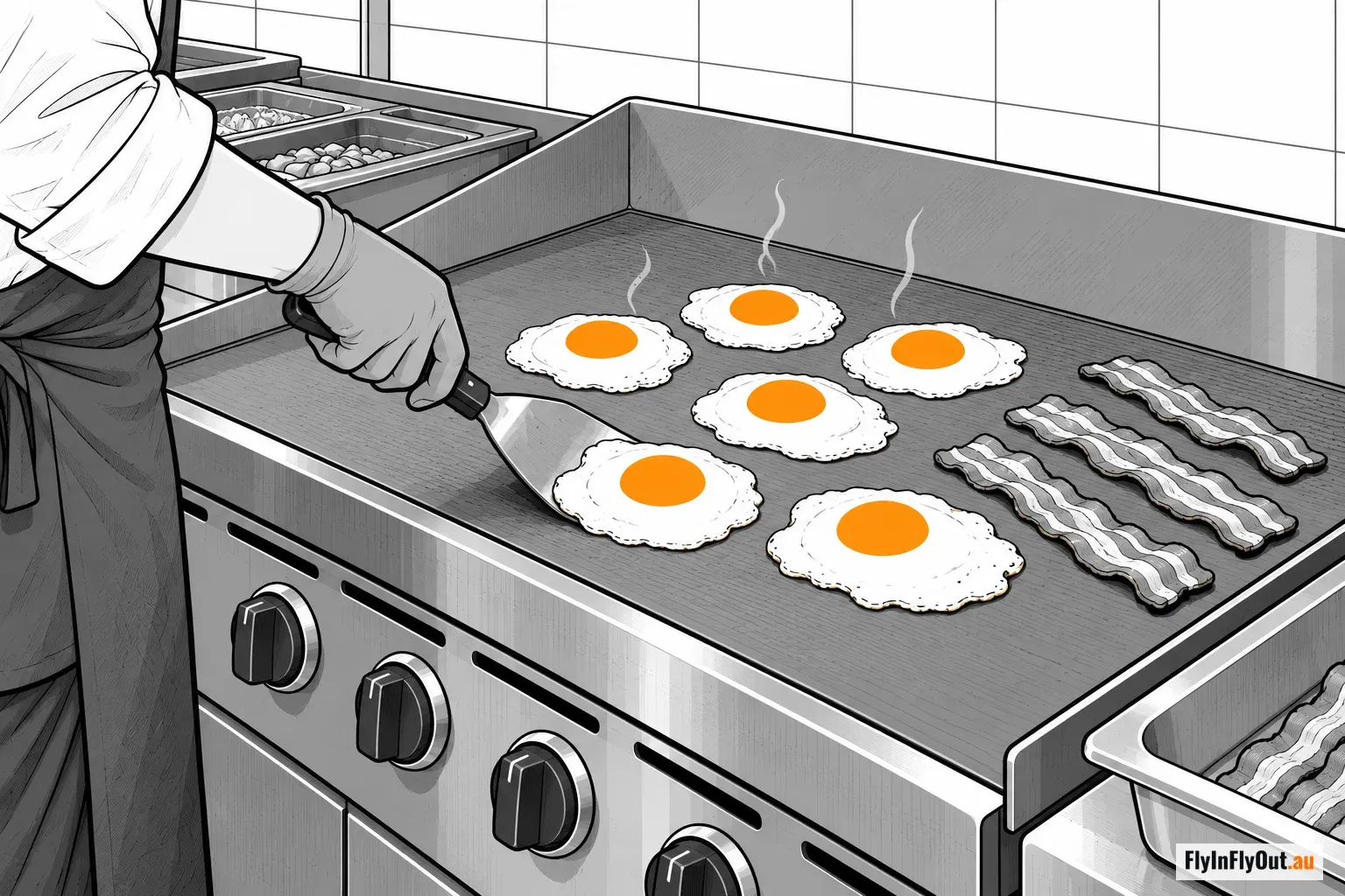 Eggs and bacon cooking in bulk on a commercial flat-top grill
