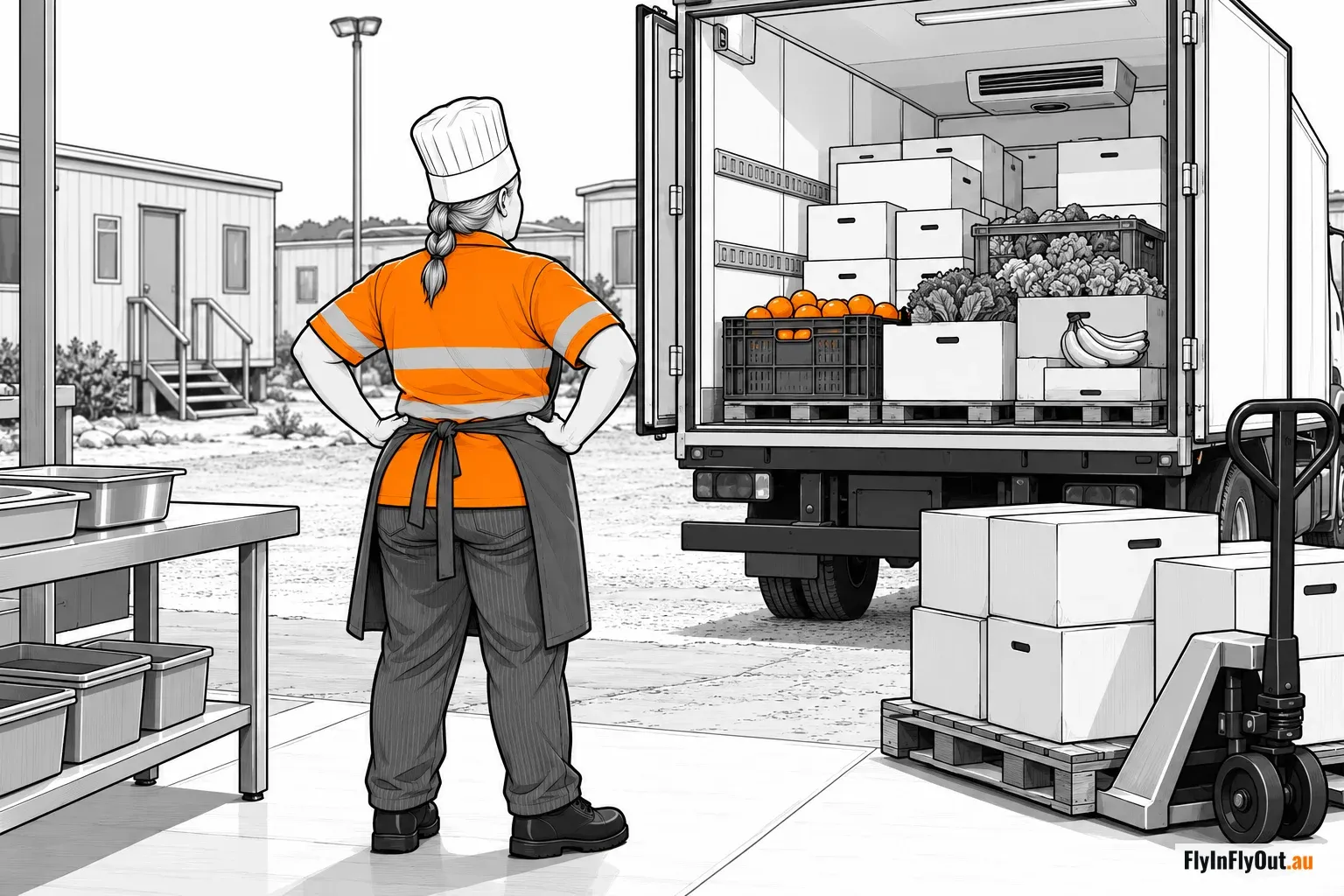 A camp chef in hi-vis watching boxed produce being unloaded from a delivery truck