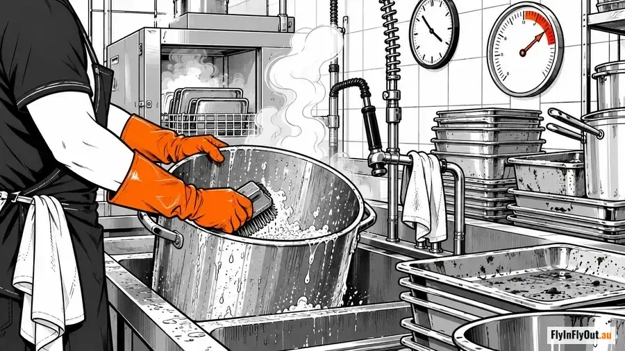 Orange-gloved hands scrub a steaming stockpot in a camp kitchen pot wash, trays stacked beside the sink, a clock and a temperature gauge in the red on the wall
