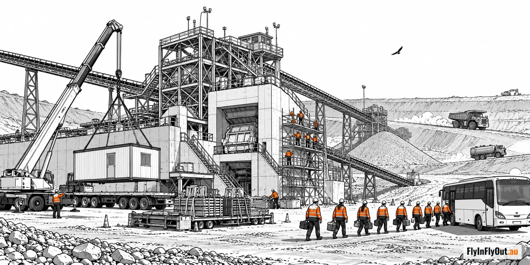 A crane swinging a site building over a low-loader beside a processing plant, workers on scaffolding, and a crew in hi-vis carrying their bags to a waiting bus, with a haul truck and a water cart in the pit behind
