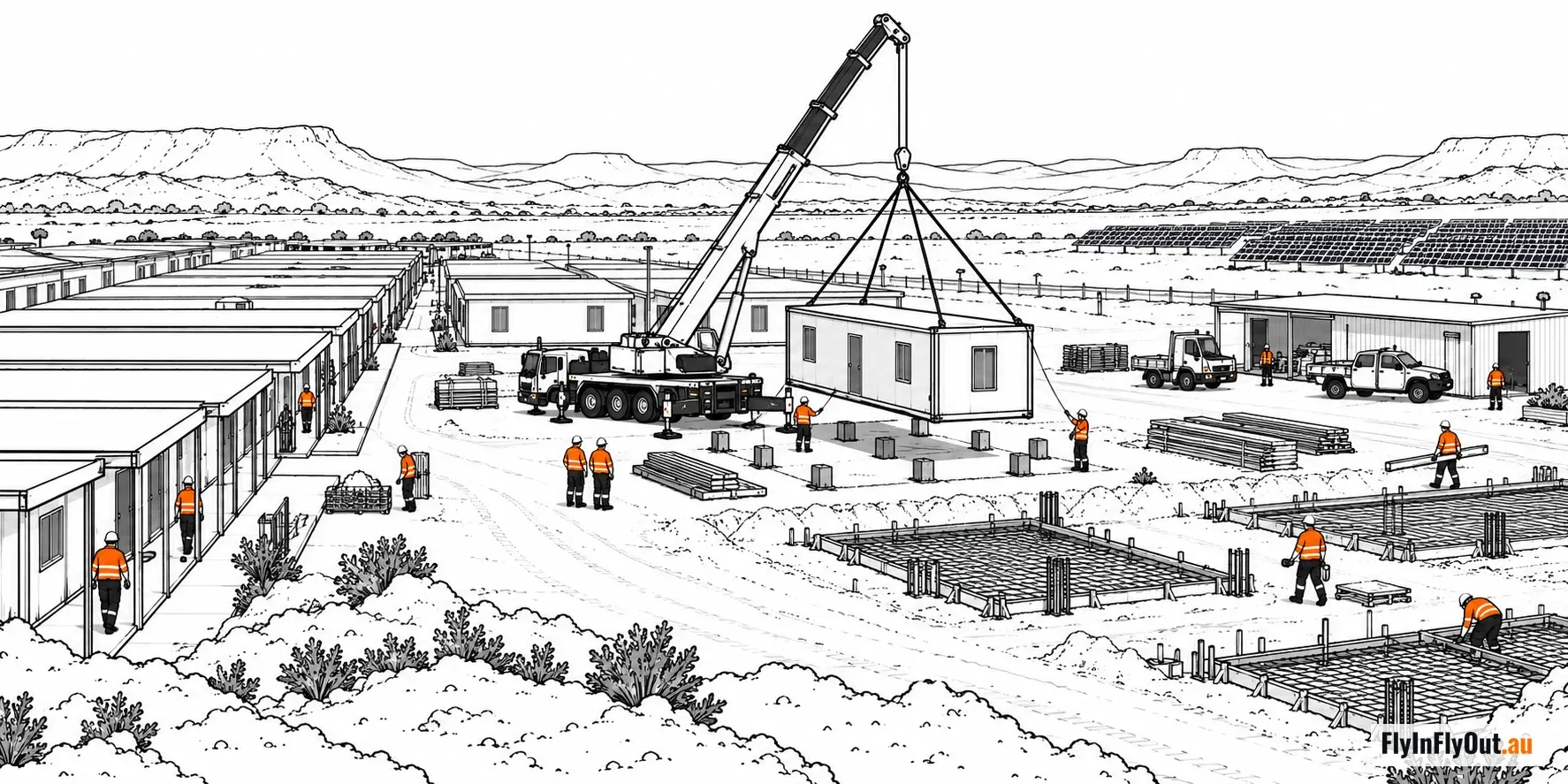 A crane lifting an accommodation module onto footings at a remote camp being built, with rows of finished rooms, reinforcing cages for new slabs and solar panels in the distance