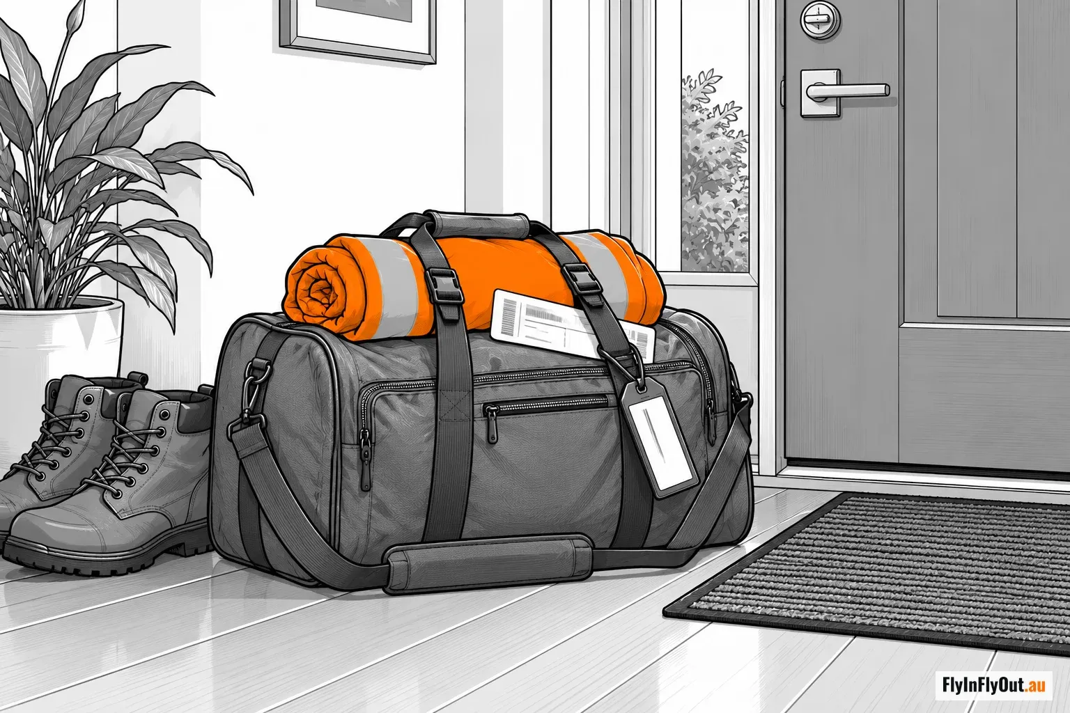 A packed work bag with a rolled hi-vis shirt and boots beside the front door
