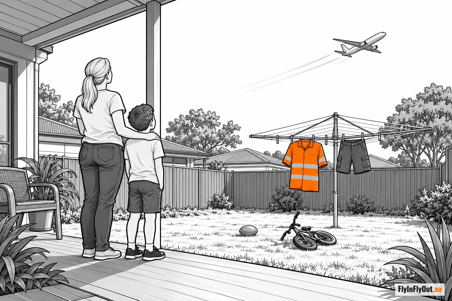 A mother and child stand on the back verandah watching a plane climb away, a hi-vis shirt on the clothesline
