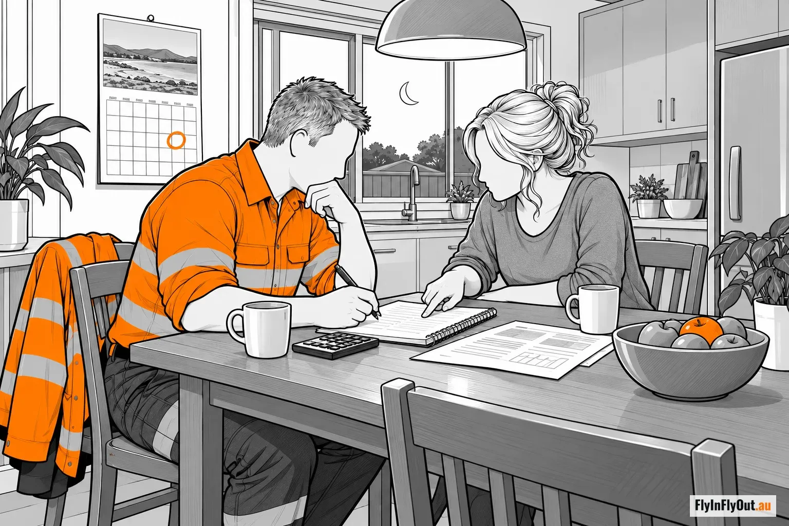 A couple at the kitchen table at night working through a notebook and calculator, a hi-vis jacket over the chair