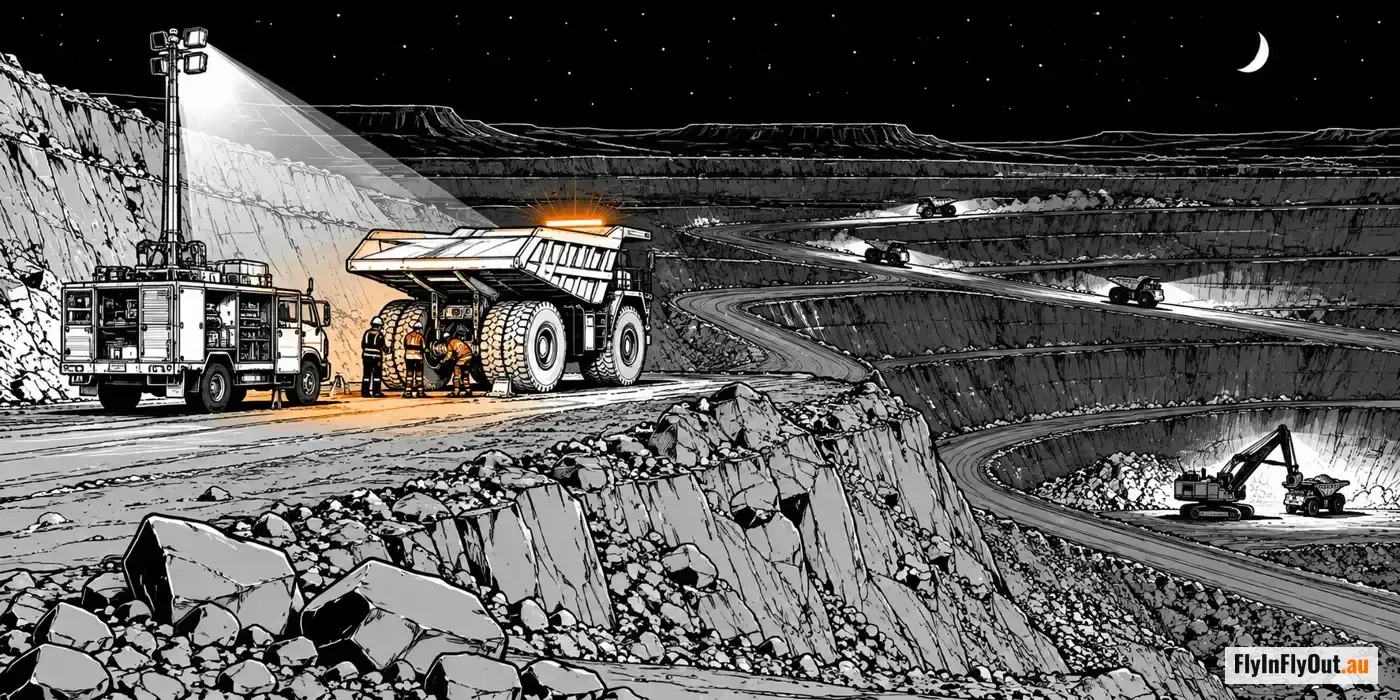 A night breakdown in an open pit: a service truck with its lights on beside a stopped haul truck, three fitters at its wheel under a light tower, and loaded trucks on the haul road behind