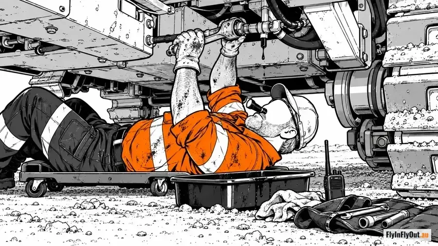 A bearded fitter in orange hi-vis lying on a creeper under a tracked machine, torch in his teeth, tightening a hydraulic fitting above a drip tray, with a radio and a tool roll on the ground beside him