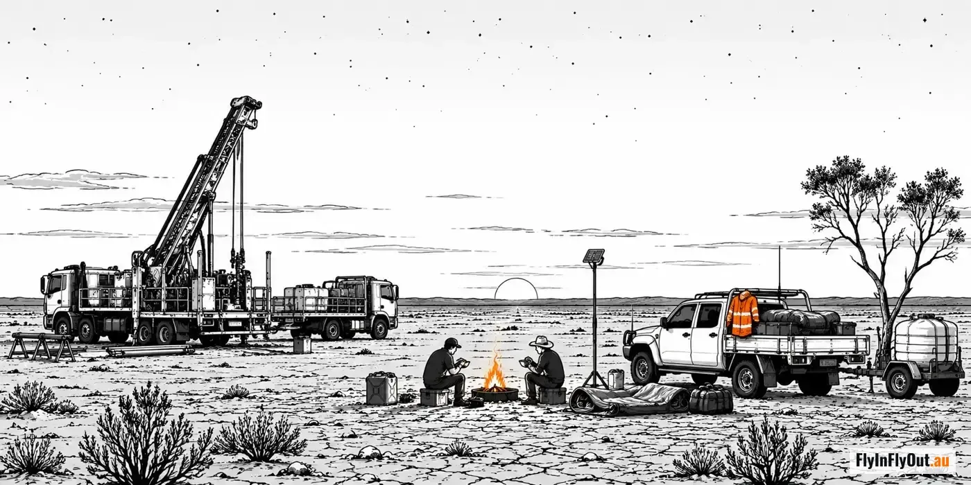 An exploration drill rig and support truck parked on cracked claypan at dusk, two offsiders eating by a small fire beside a ute with a swag rolled on the ground, a water trailer and a solar light
