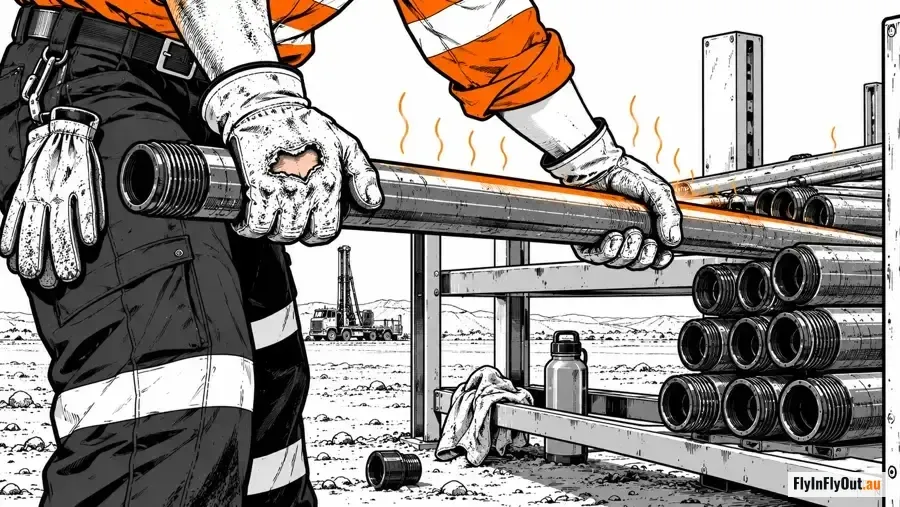 An offsider's gloved hands lifting a steel drill rod from a rack, heat rising off the rods in the sun, a glove worn through at the palm, with the rig and a water bottle behind