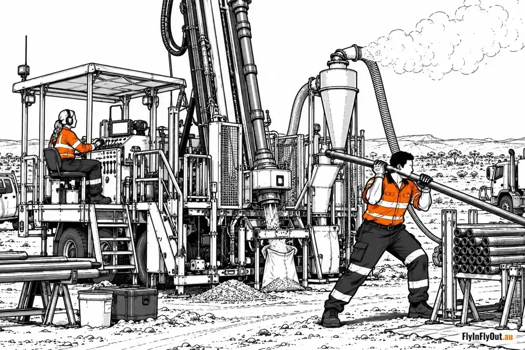 An RC drill rig on flat scrub country, the driller at the console under a canopy and the offsider carrying a steel drill rod from the rack, with the cyclone dropping sample into a bag and a support truck behind