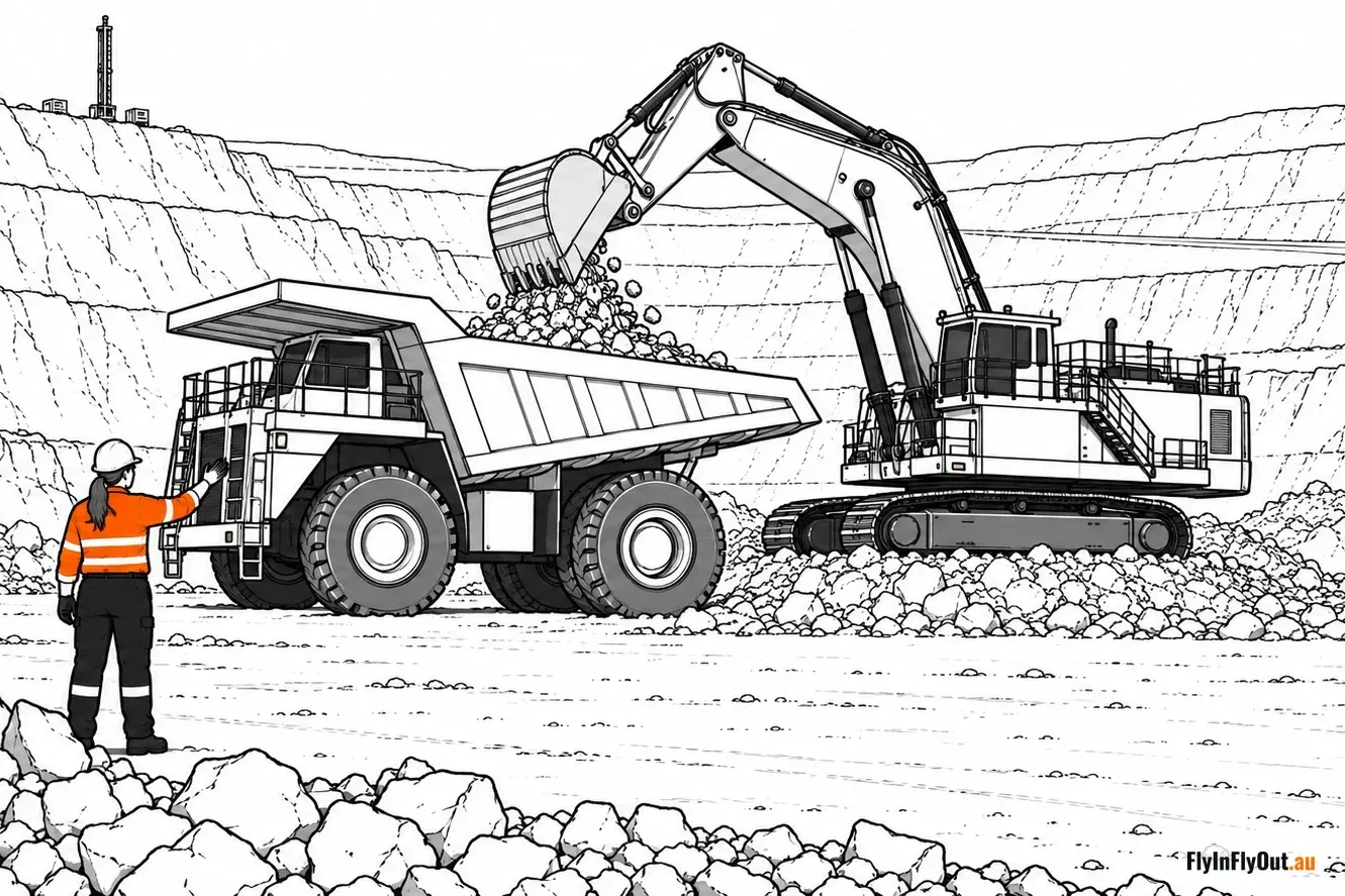 An excavator loading a haul truck in an open pit, with a worker in hi-vis signalling to the truck