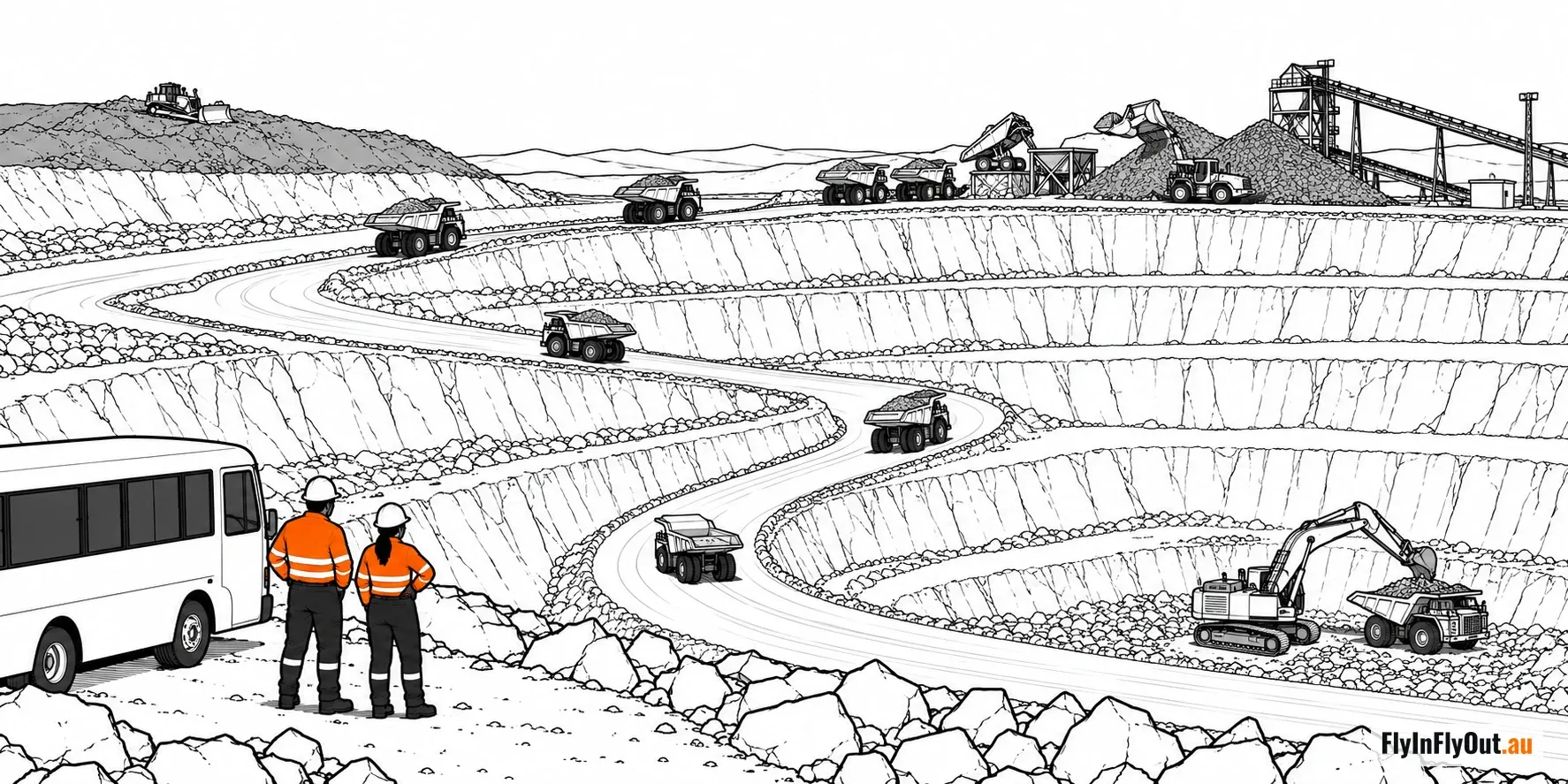Loaded haul trucks climbing a winding haul road up the benches of an open pit, from an excavator at the bottom to the tipping point by the crusher at the top, a dozer on the waste dump and two workers beside a crew bus