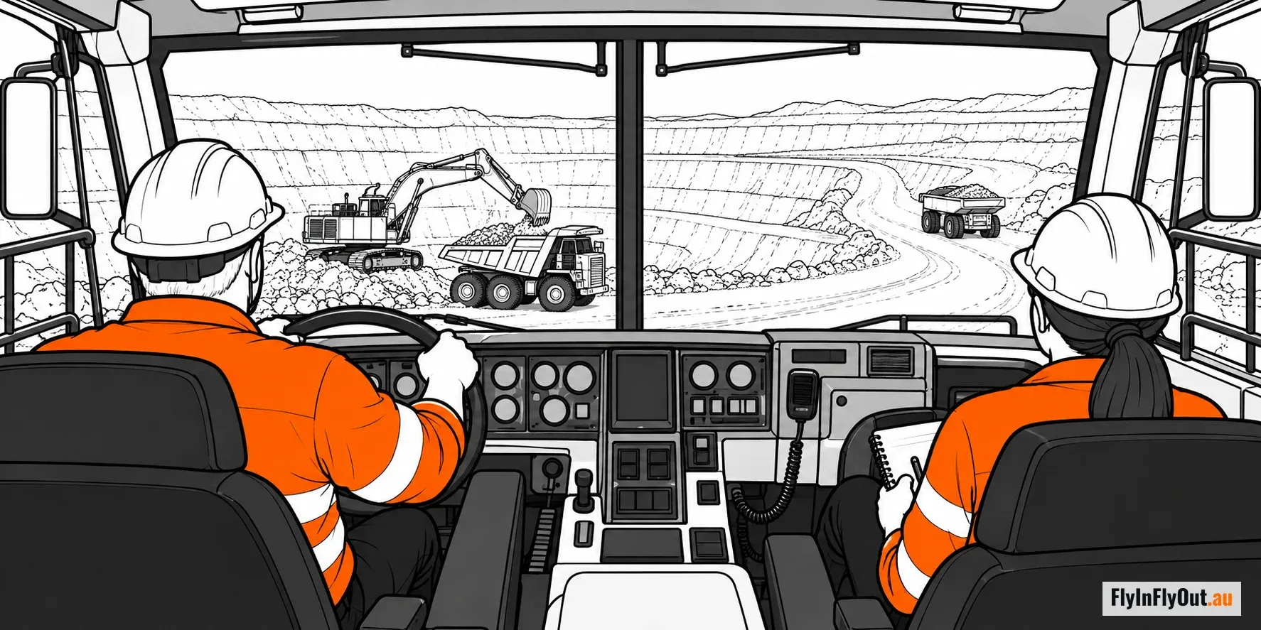 The view from inside a haul truck cab, an operator at the wheel and a trainee beside him with a notebook, watching an excavator load a truck in the pit