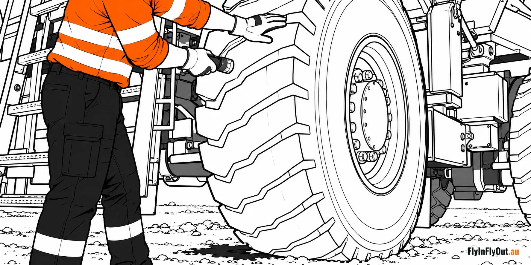 An operator in hi-vis checking a haul truck's tyre with a torch during the pre-start, a small oil leak on the ground below