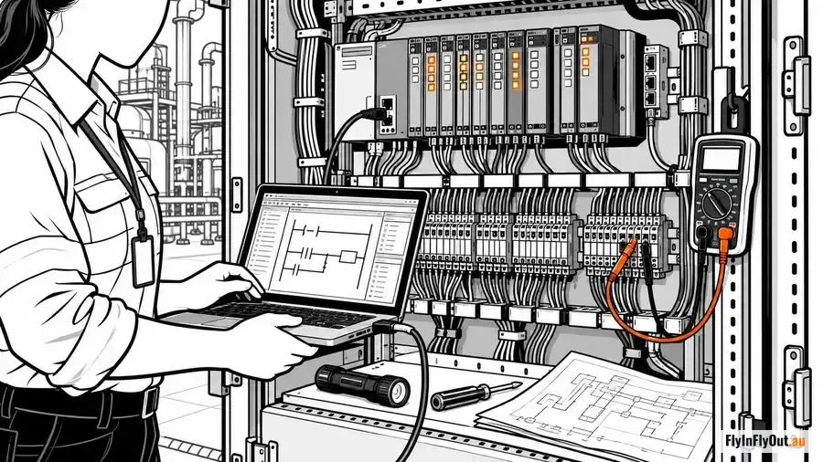 An electrician with a laptop open at a control cabinet, ladder logic on the screen, a multimeter clipped to the terminal strip and a processing plant through the window behind her