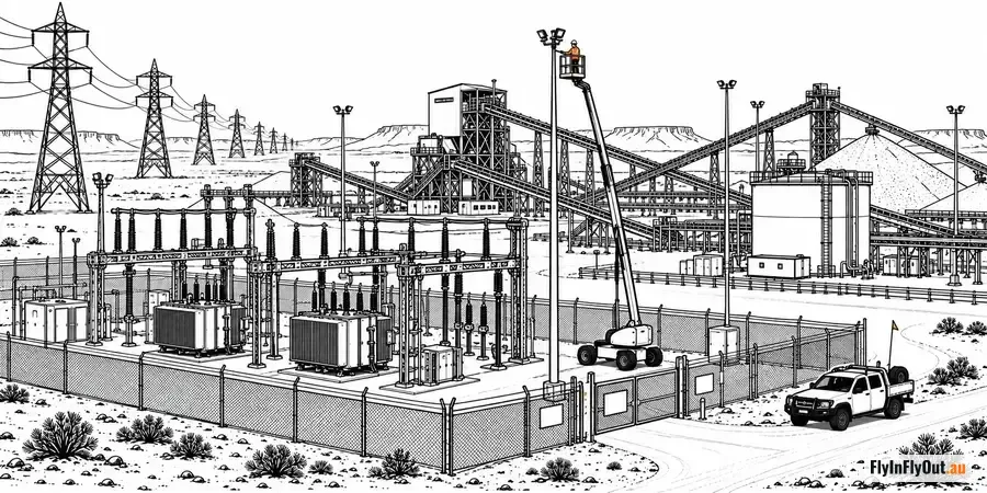 A fenced substation with transformers and switchgear beside a processing plant and conveyors in the desert, an electrician in a boom lift working on a light tower and a ute with a flag at the gate