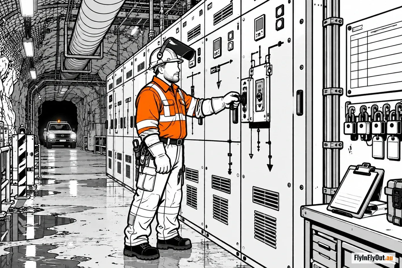 An electrician in orange hi-vis and a hard hat turns a switch on a bank of grey switchboards in an underground mine, a lock-out board with padlocks and tags on the wall beside him and a ute coming down the tunnel