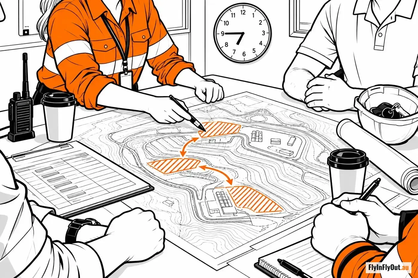 The morning client meeting: an engineer marking the day's work areas in orange on a contour map of the site, a supervisor and a client across the table, radio, coffee and clipboard beside it, the clock at a quarter to seven