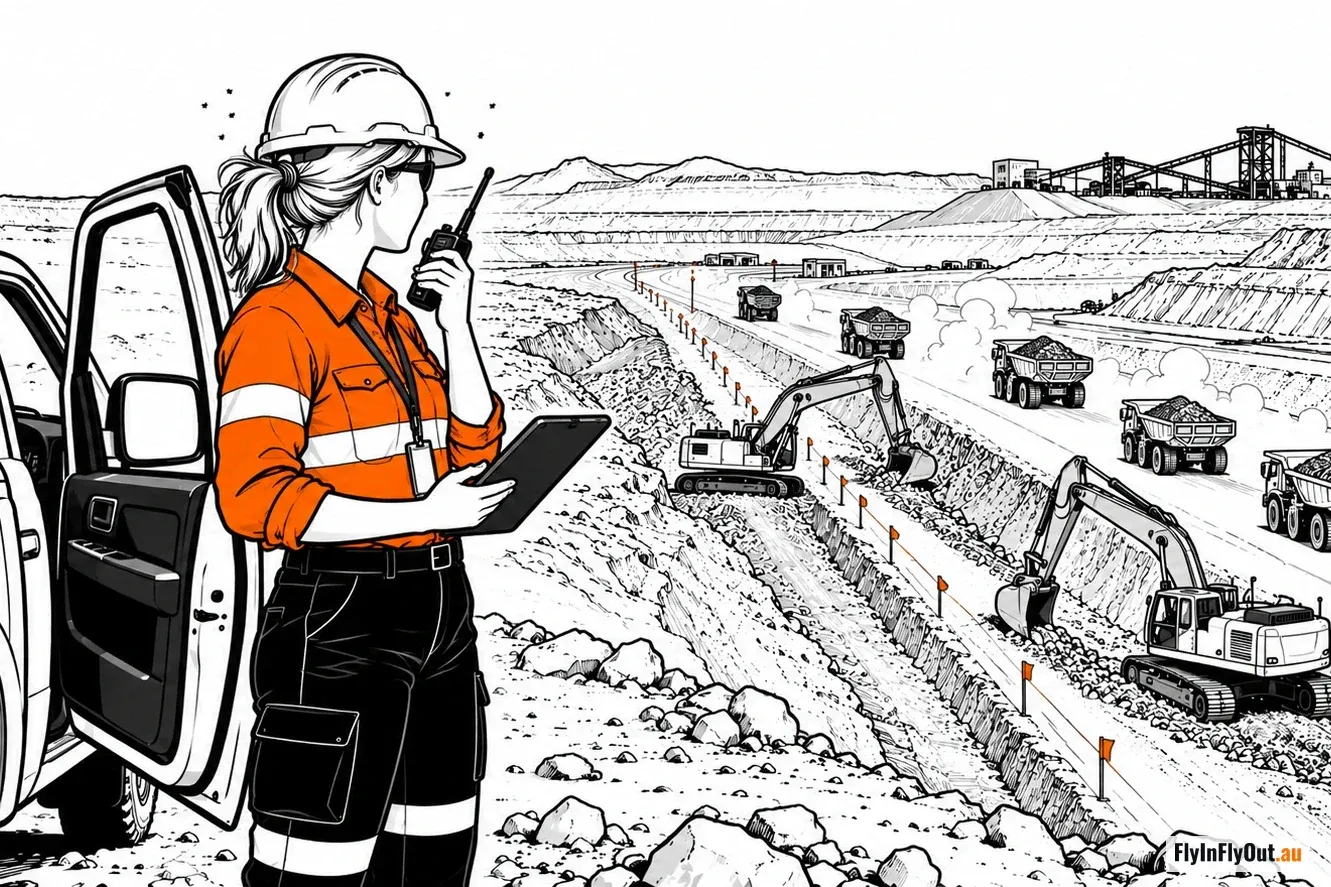 An engineer in hi-vis and a hard hat beside her ute at the edge of an open pit, a tablet in one hand and a radio at her mouth, excavators and haul trucks working below and the processing plant on the skyline