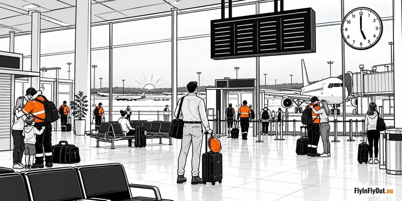 An airport terminal at dawn: workers in hi-vis with kit bags saying goodbye to partners and children, an engineer in a plain shirt with a hard hat clipped to his suitcase waiting under the departures board, a plane at the gate outside
