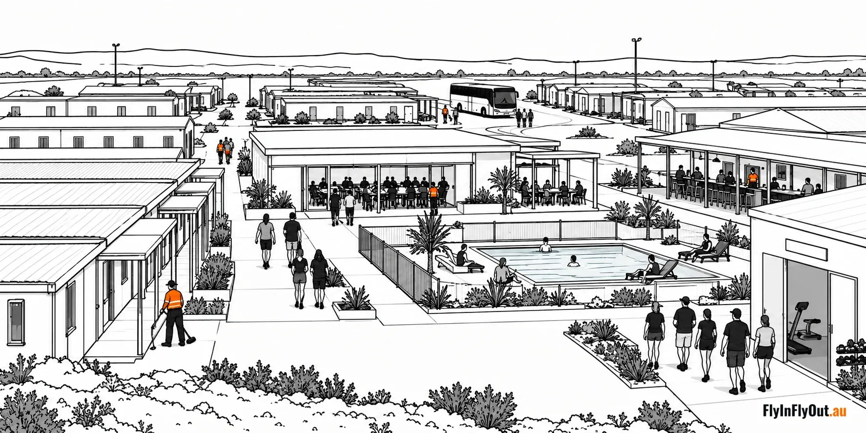 A mine camp seen from above: rooms along the paths, the dining hall and the bar with people inside, a pool, a gym, a bus and a cleaner sweeping outside a room