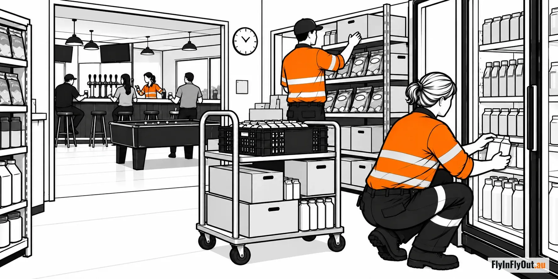 A worker in hi-vis kneeling to stock the drinks fridge while a colleague shelves snacks, the camp tavern with taps and a pool table behind them