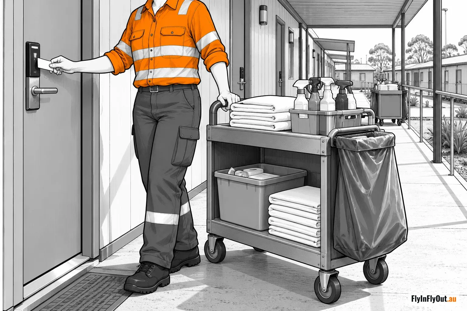 A camp housekeeper in hi-vis swiping a key card at a donga door beside a linen trolley stacked with towels and cleaning bottles, a second trolley down the walkway