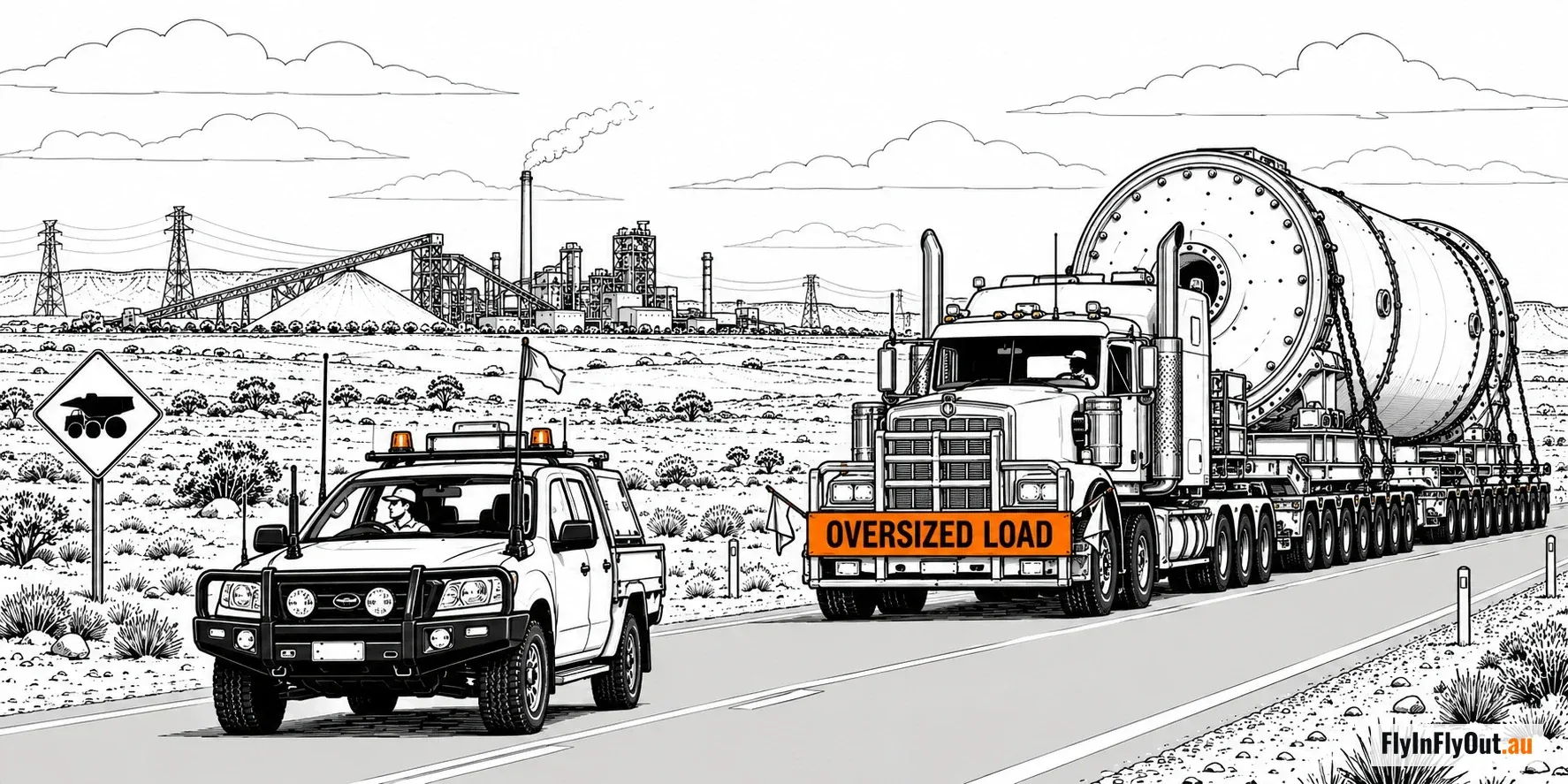 A ute with flashing lights leads a truck marked Oversized Load, carrying a huge steel drum for a mill along a desert highway, with a processing plant and a tall stack behind them