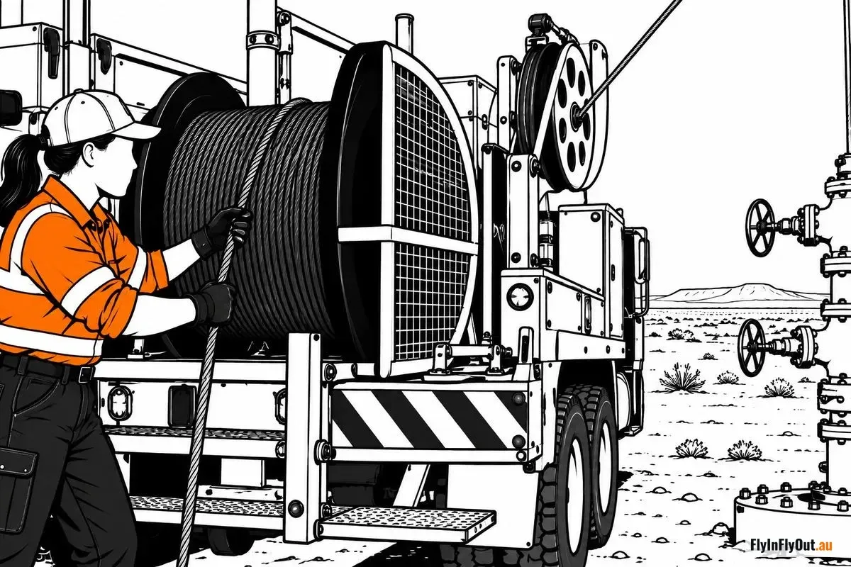 A worker in hi-vis and a cap feeds cable from a big drum on the back of a service truck beside a wellhead in flat desert scrub