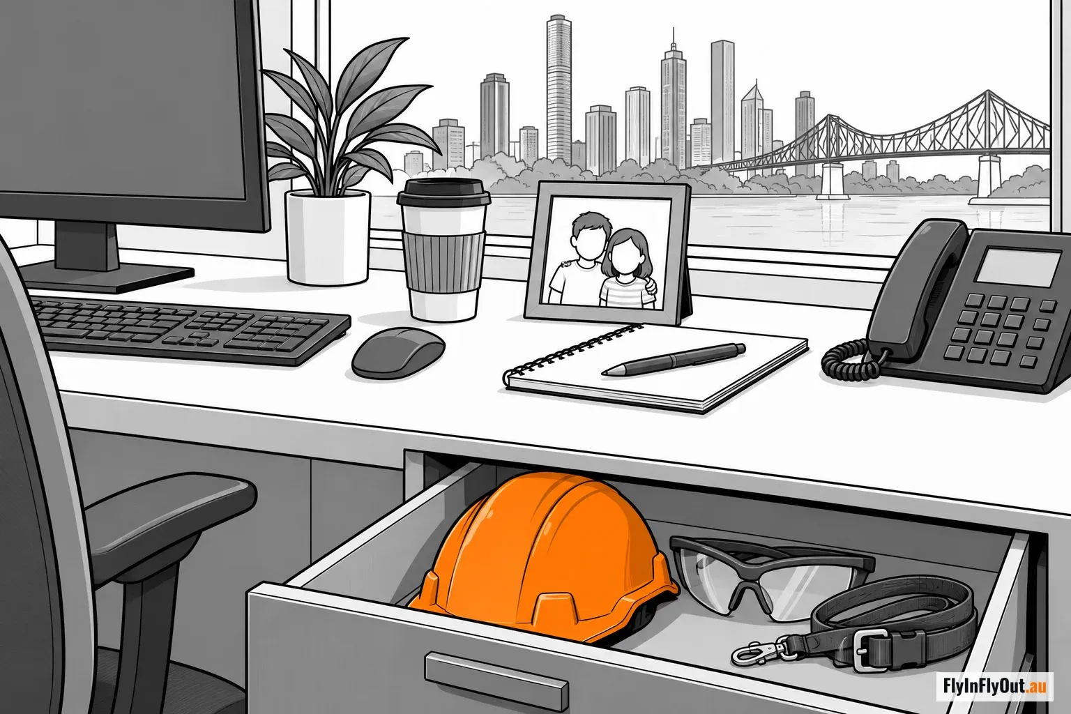 A city office desk with a view of the Brisbane River and Story Bridge, a coffee and a photo on the desk, and an orange hard hat, safety glasses and a harness strap in the open drawer