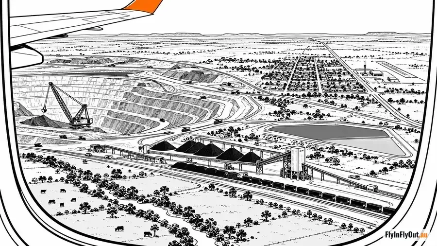 The view from a plane window on approach: an open-cut coal mine with a dragline, coal stockpiles and a loaded train beside a grid of mining town streets and an airstrip