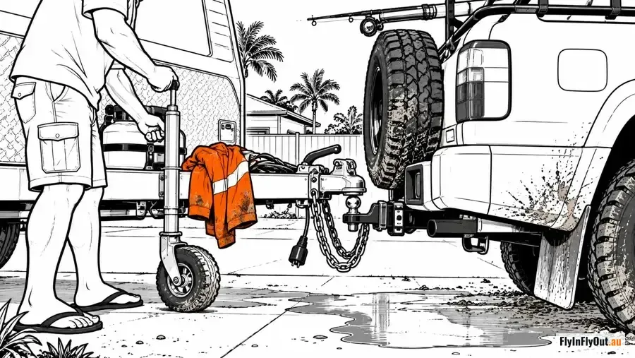 A man in shorts and thongs winds down the jockey wheel of a caravan hitched to a muddy four-wheel drive in a Darwin driveway, a hi-vis shirt slung over the drawbar and a fishing rod on the roof rack