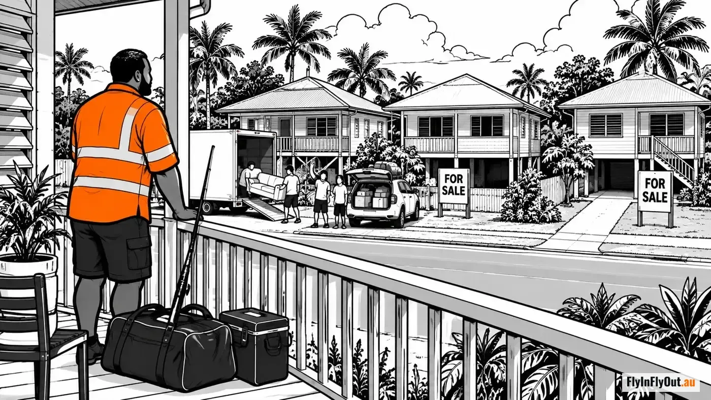 A FIFO worker in orange hi-vis stands on a tropical verandah with his bags and a fishing rod, looking across the street at removalists loading a truck and two houses with For Sale signs