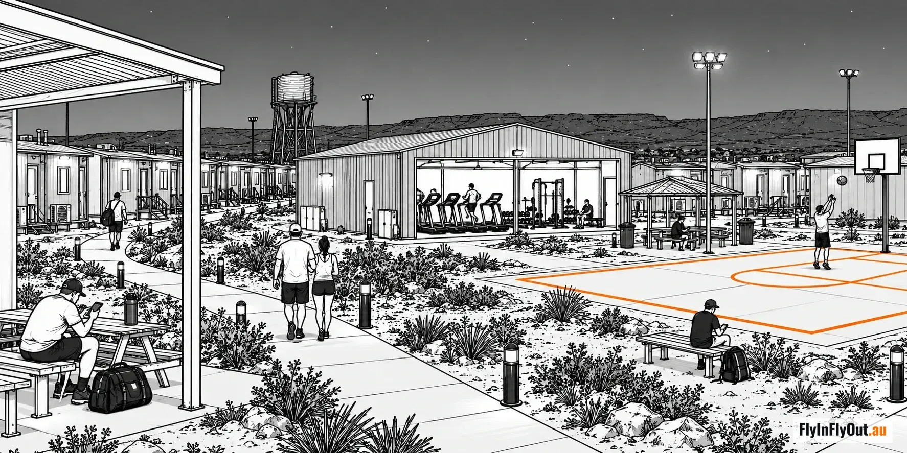 A mine camp at night: rows of dongas and a water tower, a lit gym with treadmills, a basketball court, and a couple walking the path together after the shift