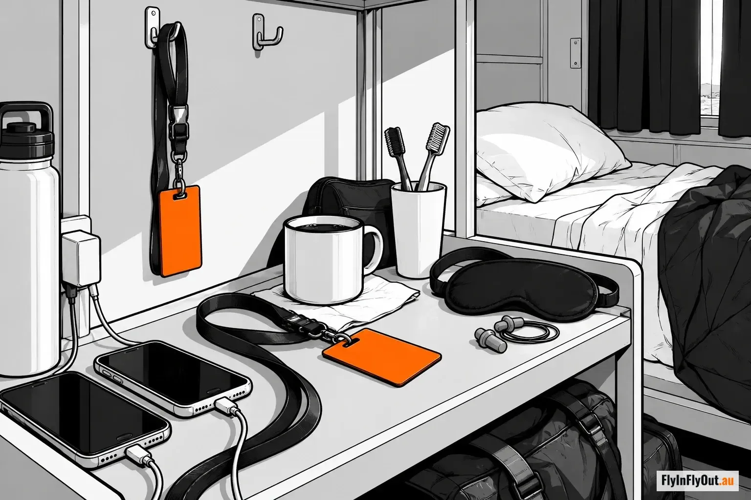 A camp room desk with two phones charging side by side, two lanyards with orange site cards, two toothbrushes in a cup, a mug, a sleep mask and earplugs, the bed and the bags beside it