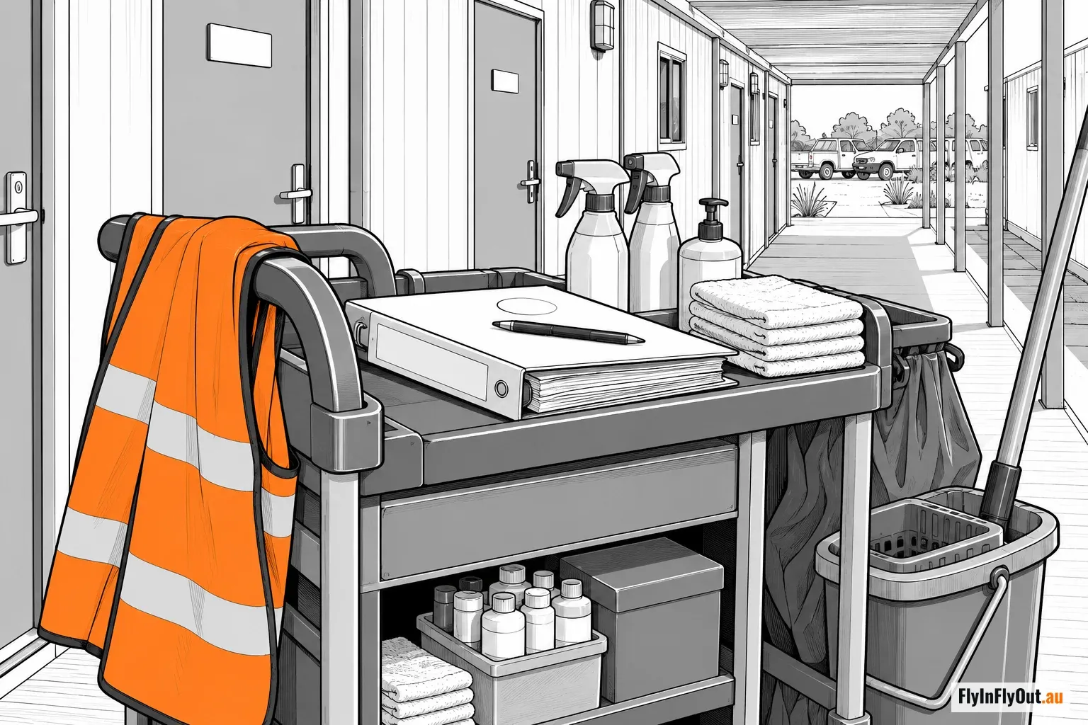 A cleaning cart in a camp corridor with a hi-vis shirt over the handle and a folder on top